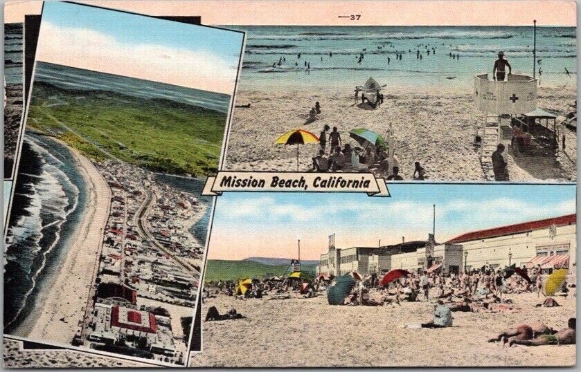 MISSION BEACH San Diego Calif. Postcard Bathing Beach / Aerial View / Linen 1944