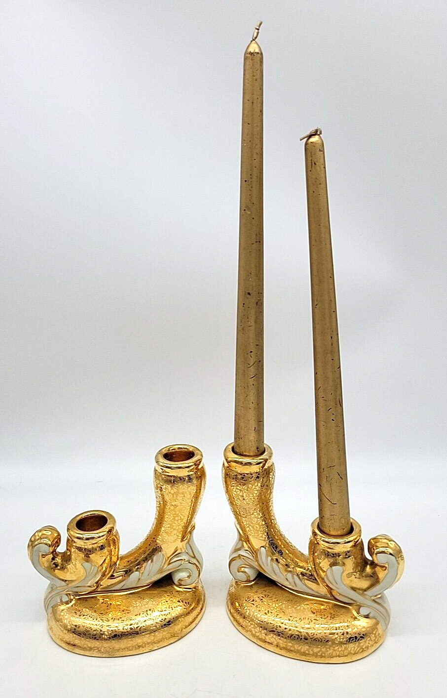 Vtg 1930s Le Mieux 24k Gold Candle Holders Set of 2 Ceramic Hand Painted 5