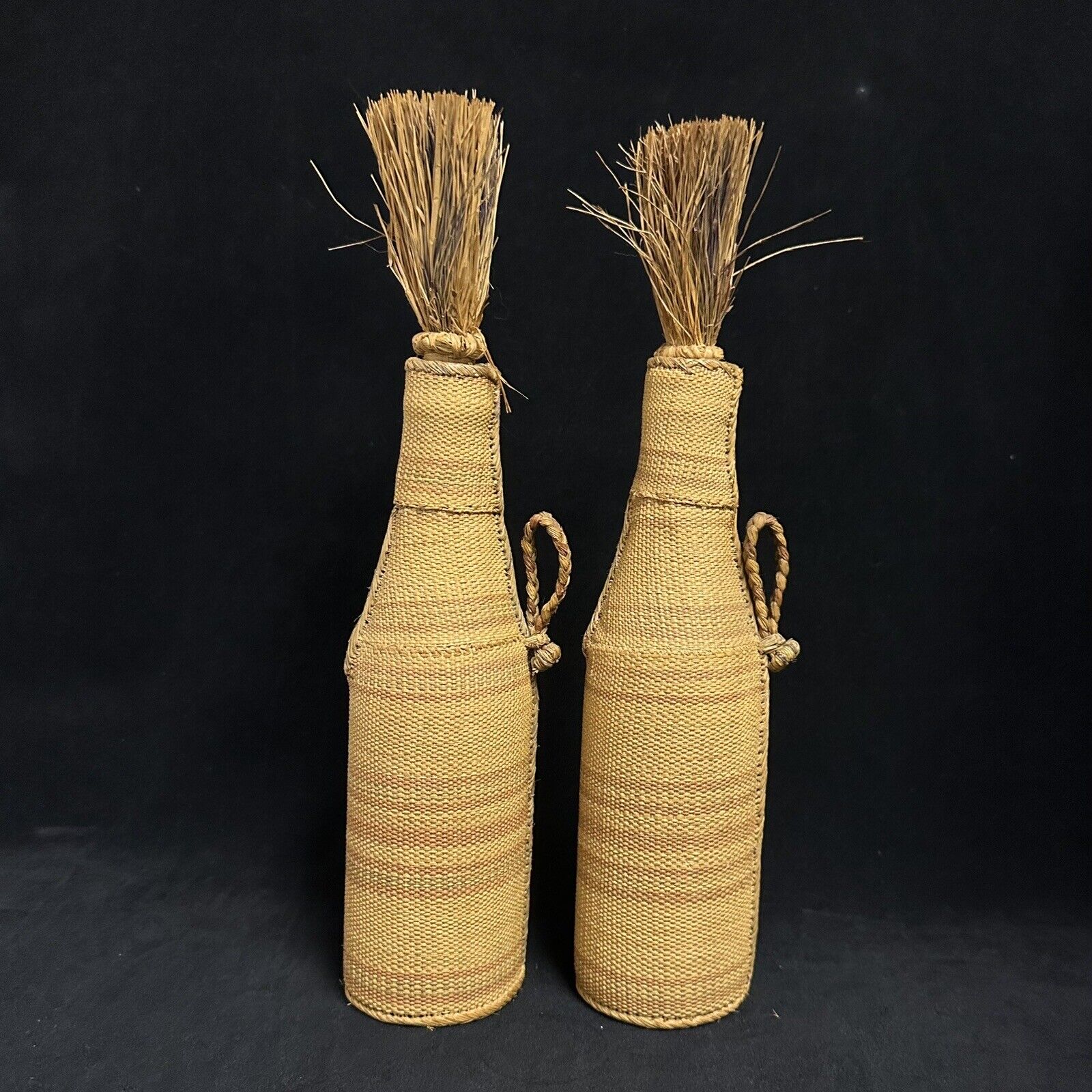 Pair Of Finely Woven Twined Basketry Covered Bottles & Stoppers
