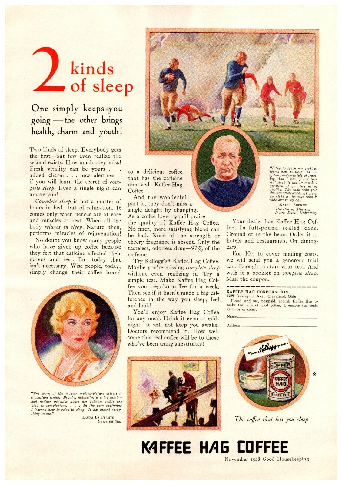 1928 Kaffee Hag Coffee Knute Rockne Vintage Print Ad Football Game 