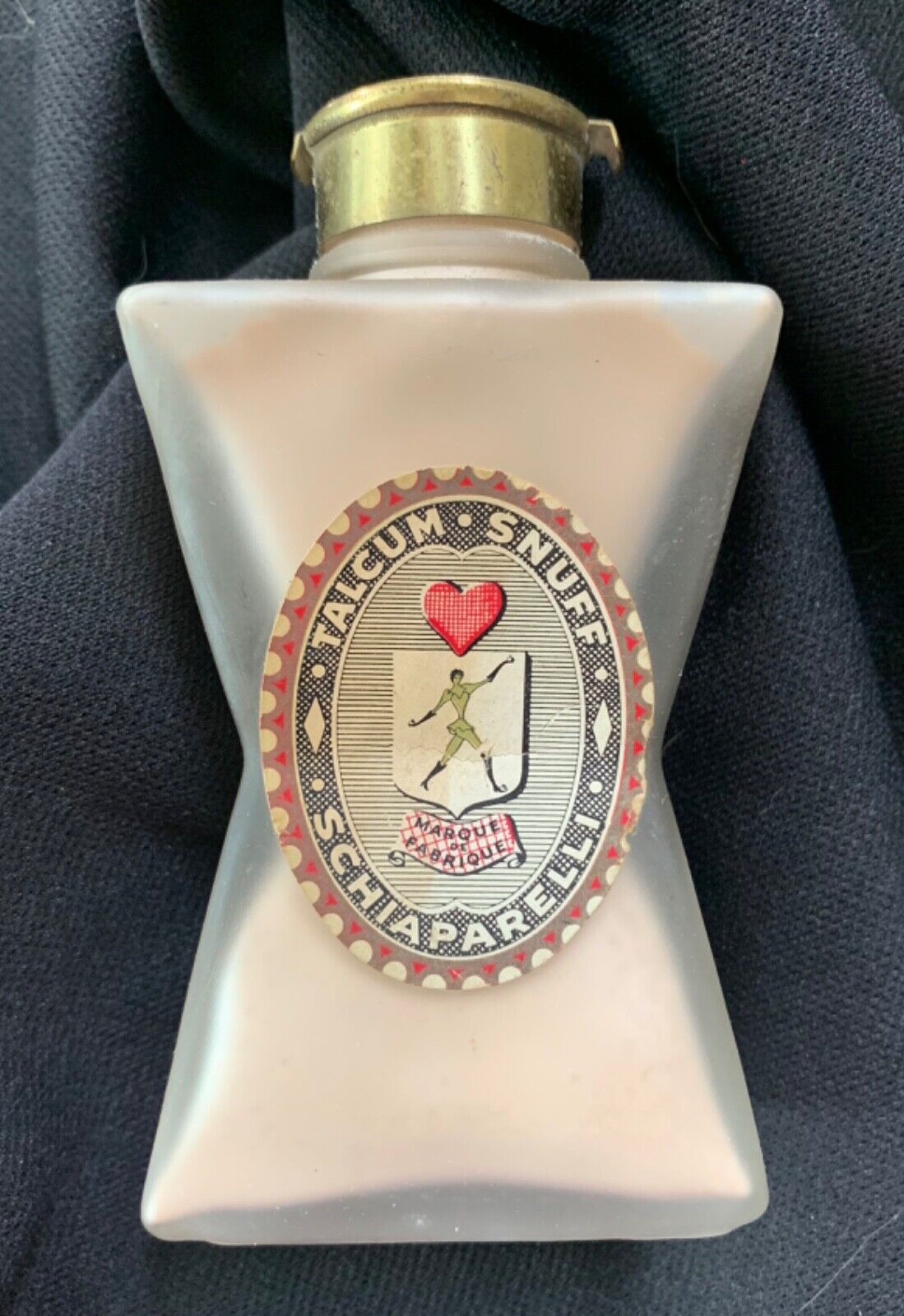 vintage 1940s Schiaparelli Snuff Talcum Powder, shaped frosted bottle, full