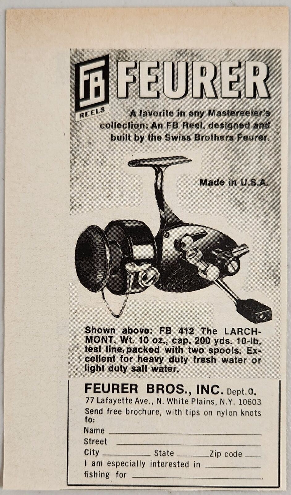 1968 Print Ad Swiss Bros Feurer Larchmont Fishing Reels White Plains,New York