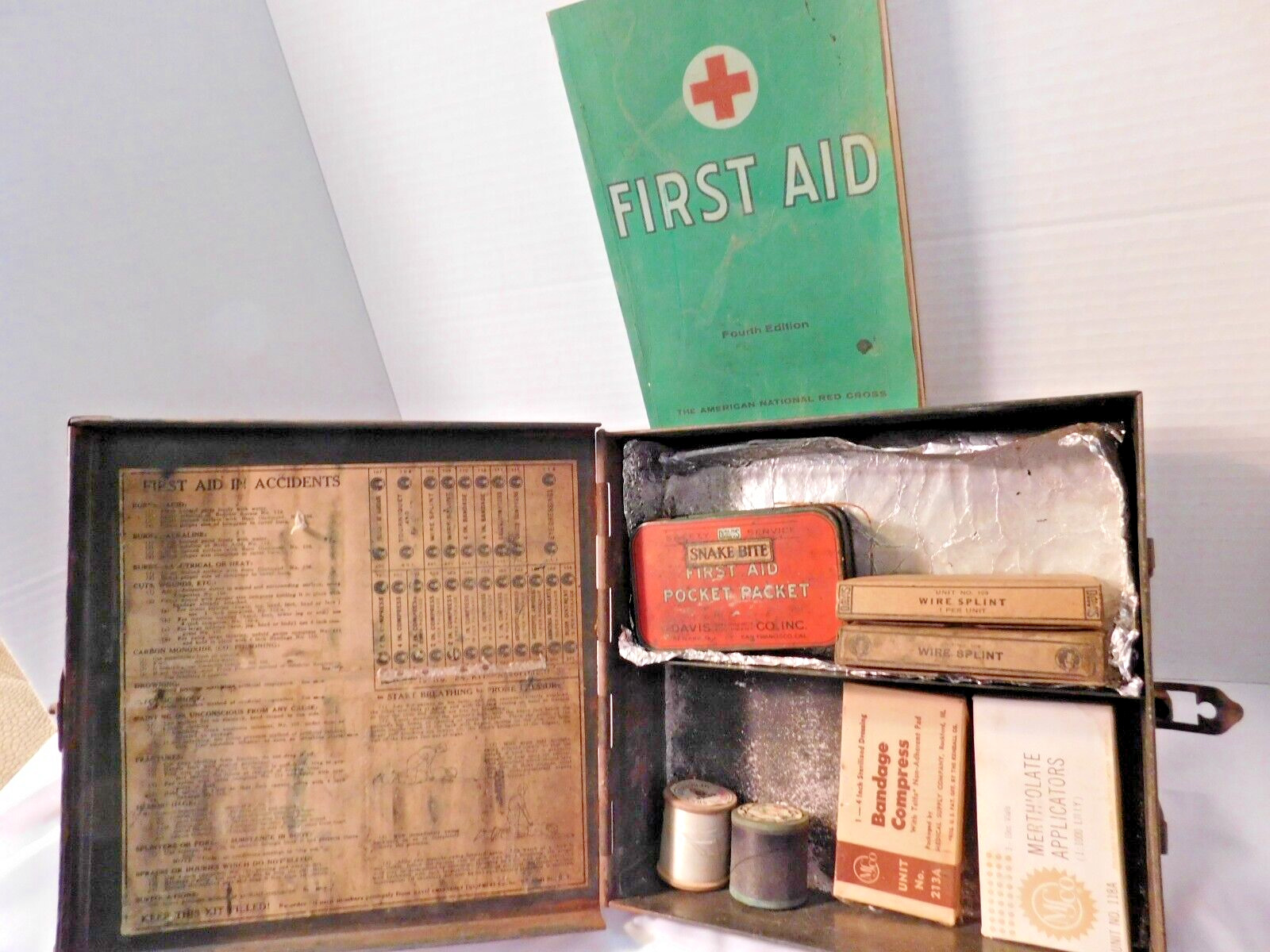 Vintage Davis First Aid Kit includes Book, Snake Bite Kit,  Wire Splints & More