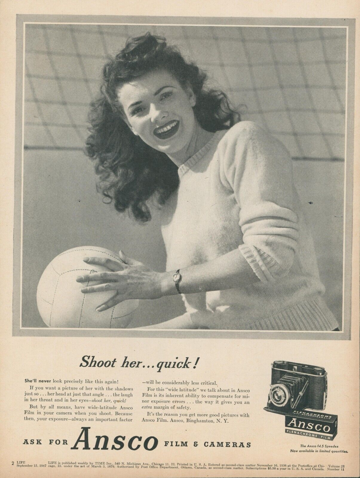 1947 Ansco Film Vollleyball Player Woman Watch Shoot Her Quick Vtg Print Ad L31