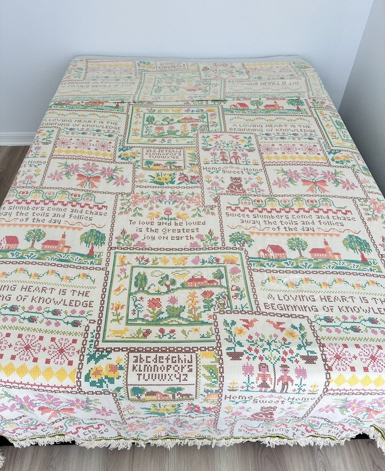 1960s Sears Cross Stitch Print Bedspread Cover, Fringe, Vintage Home Sweet Home