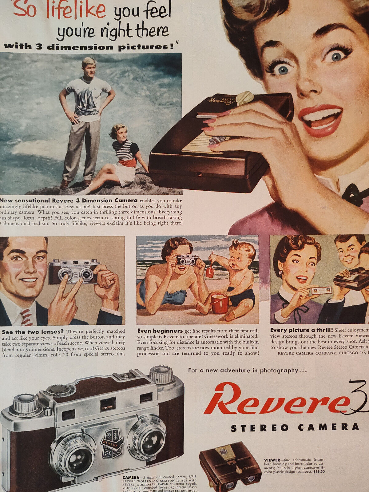 1953 Esquire Original Art Ad Advertisement REVERE Stereo Film Camera and Viewer
