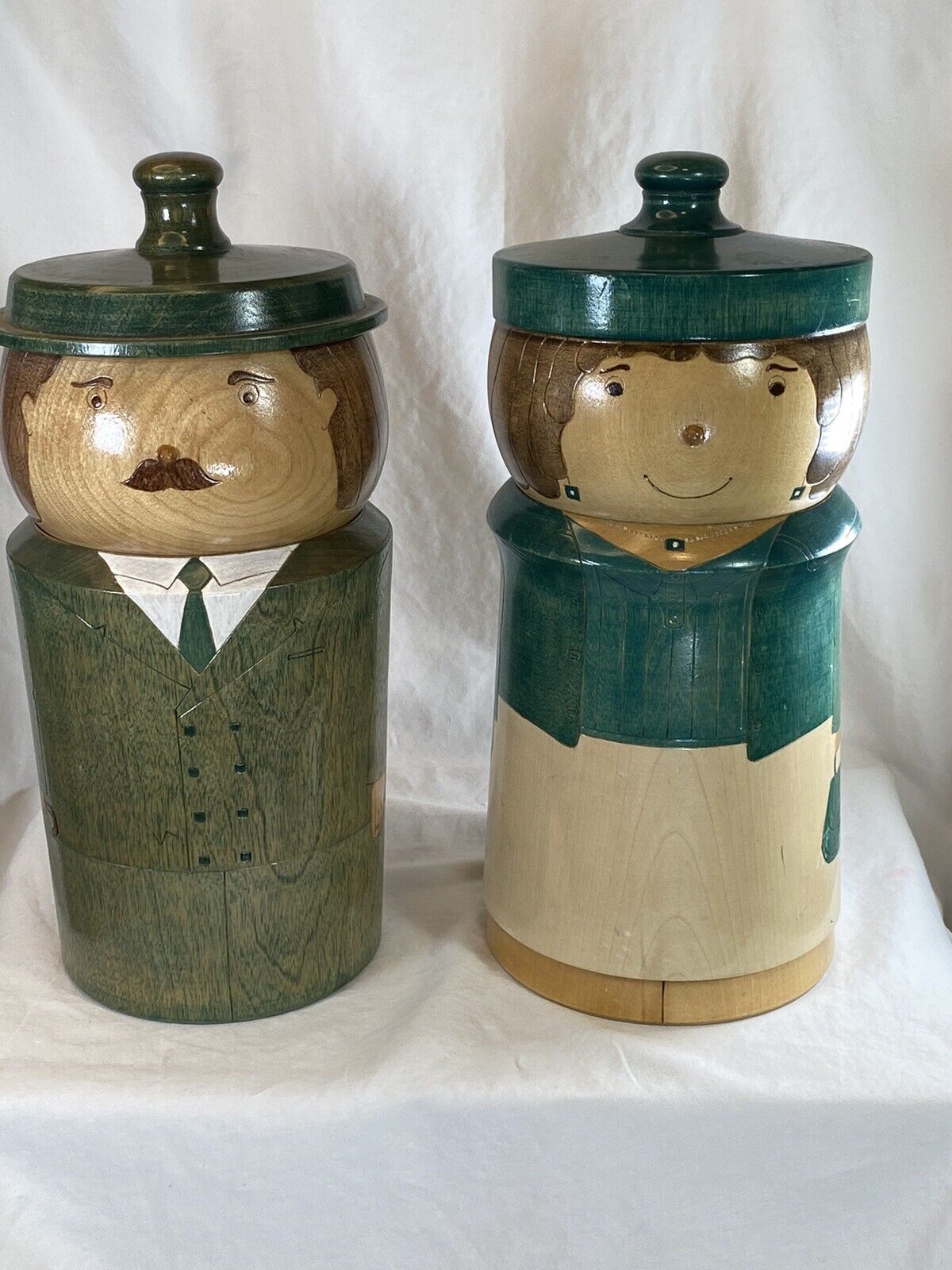 Wonderful Vintage Hand Made Round Wooden Containers/Canisters Man & Woman Signed