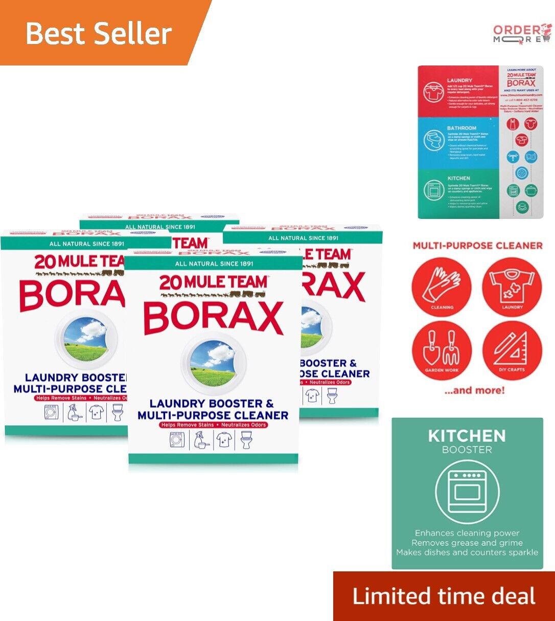 Borax Detergent Booster & Multi-Purpose Cleaner - All Natural, 65oz, 4 Count