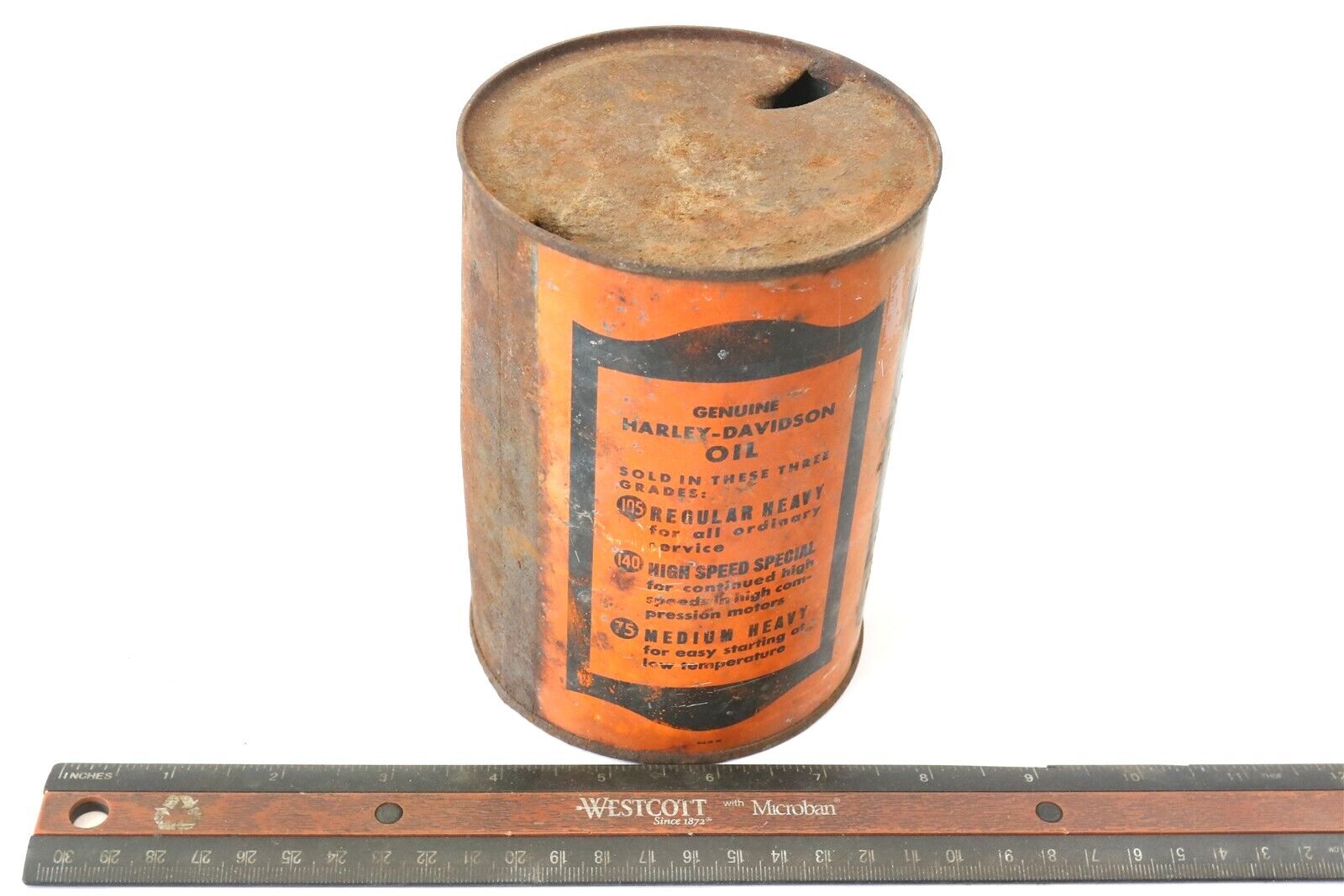 VINTAGE HARLEY DAVIDSON MOTORCYCLE OIL CAN 105-3 EMPTY RUSTED ONE GOOD SIDE RARE