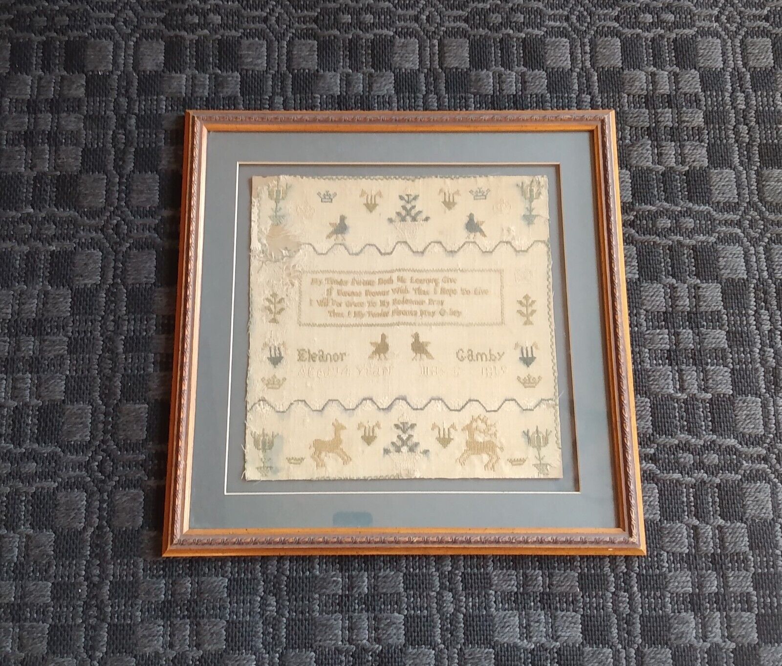 Antique Early 19th Century Eleanor Gamby 14th Year 1819 Deer Needlework Sampler