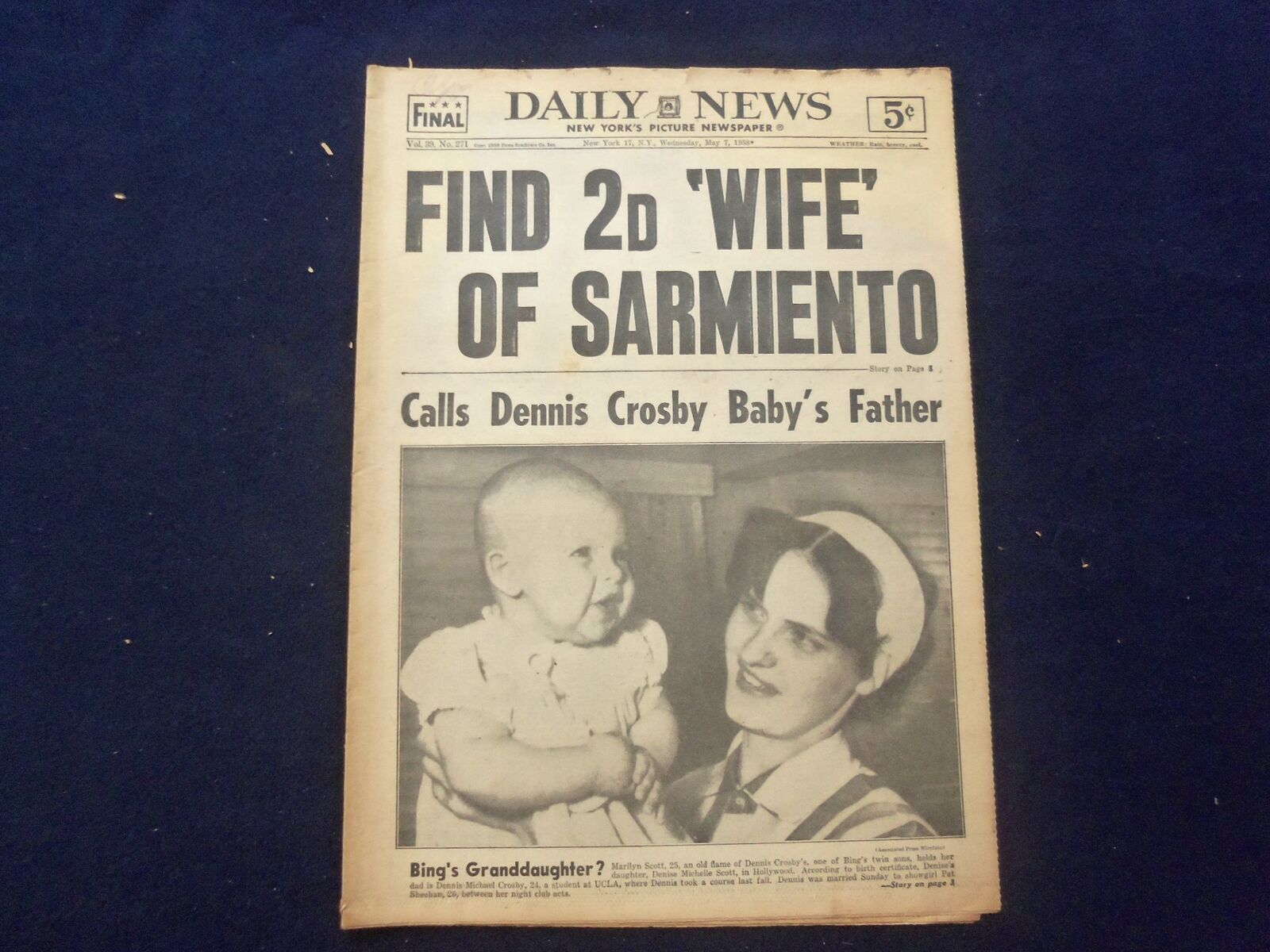 1958 MAY 7 NEW YORK DAILY NEWS NEWSPAPER - FIND 2ND WIFE OF SARMIENTO - NP 6752