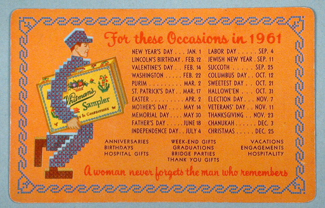 1961 Whitman\'s Chocolate Advertising Pocket Calendar Card Sampler Mascot Candy