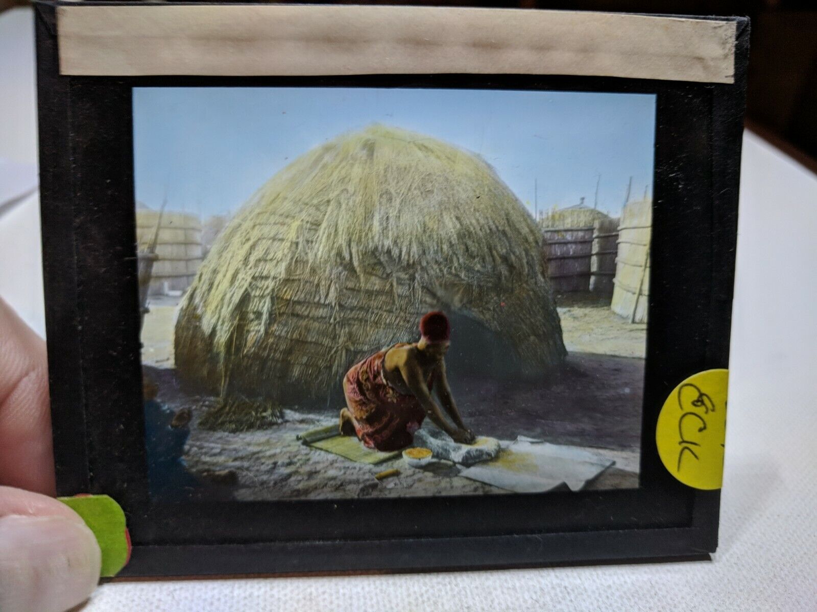 HISTORIC Colored Glass Magic Lantern Slide ECK Tribe Woman Preparing Food Tradit