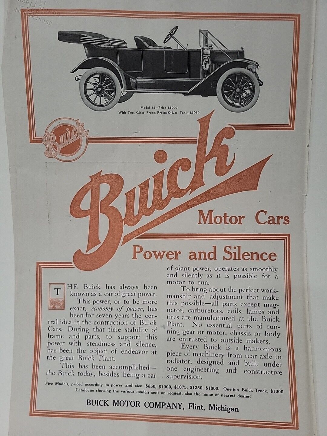 1912 Buick Motor Cars Model 35 Print Ad Orange \