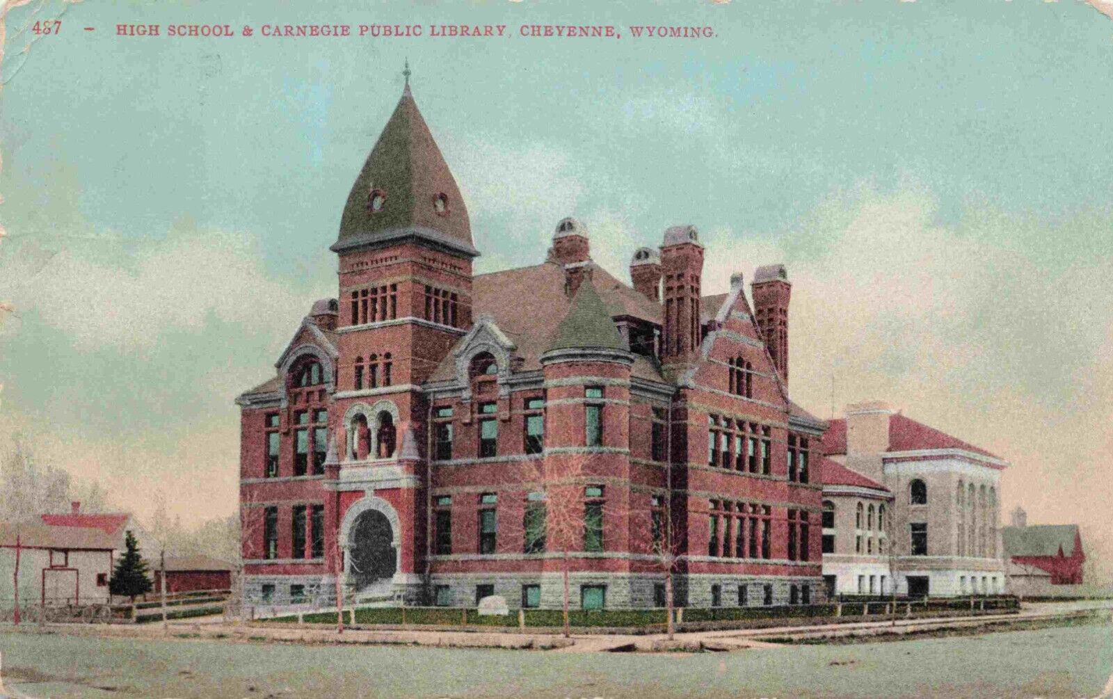 c1908 Cheyenne Wyoming Carnegie Library & High School Edward H Mitchell Postcard