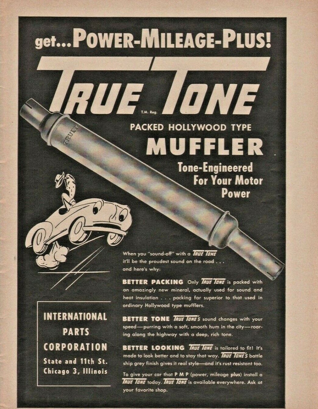 1952 True Tone Packed Hollywood Type Muffler Chicago IL - Vintage Automobile Ad