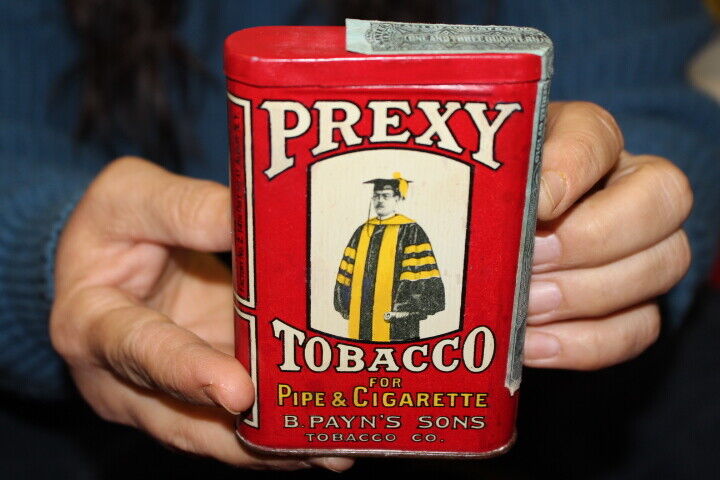 Rare Antique Vintage Prexy Pipe & Cigarette Smoking Tobacco Tin Metal Can Sign
