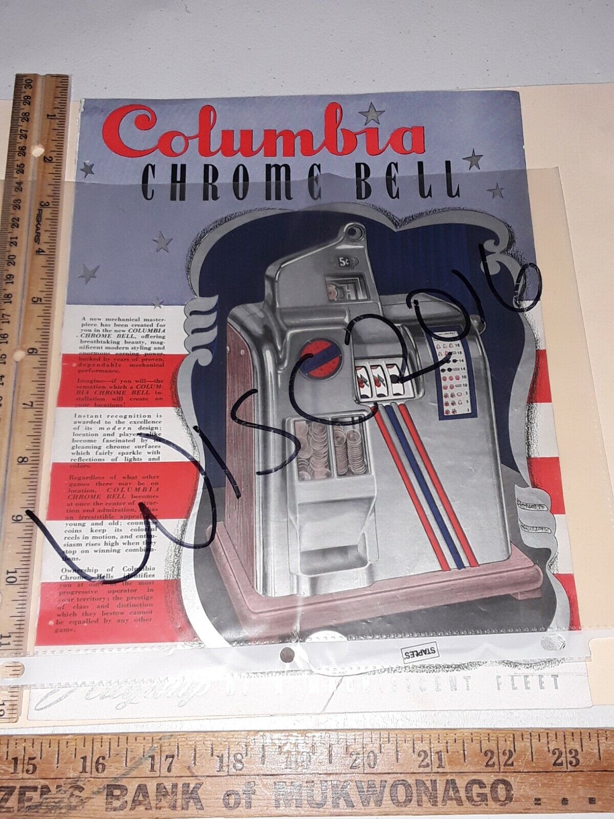 Columbia Chrome Bell Slot Machine Coin-Op Promo Flyer original 2 sided 