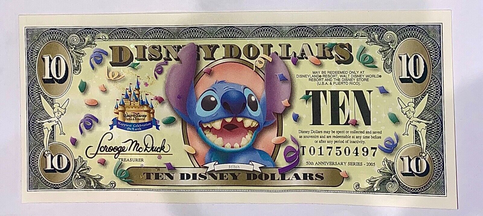 Disney Dollar 2005 $10 Stitch 50th Anniversary UNCIRCULATED   MINT CONDITION