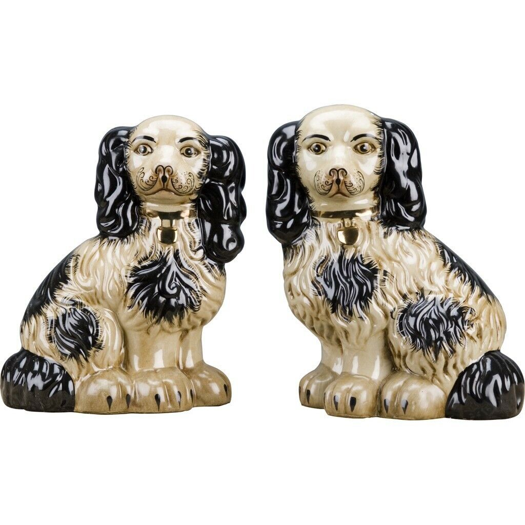 NEW STAFFORDSHIRE BLACK AND WHITE POTTERY SPANIELS DOGS FIGURINES FIGURES