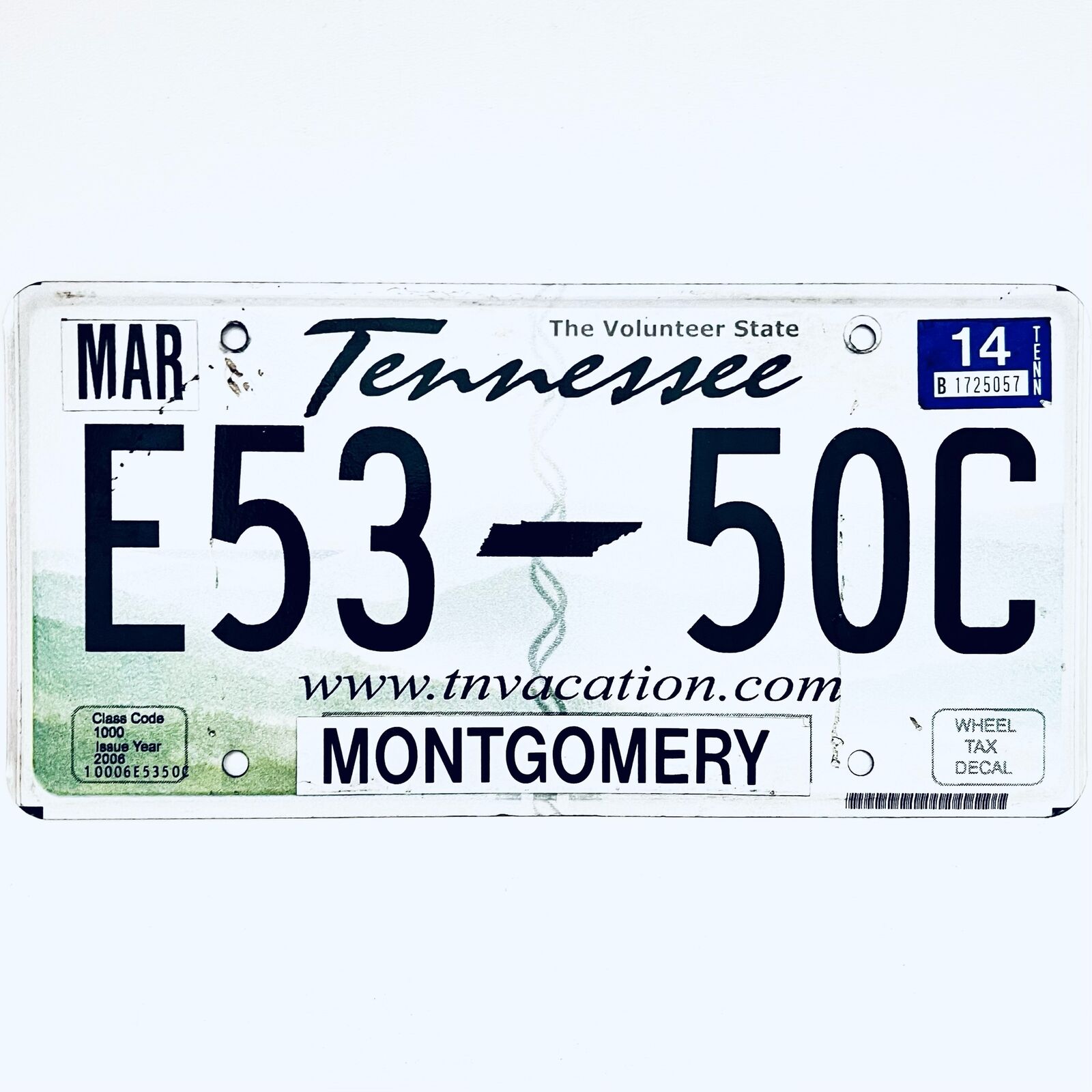 2014 United States Tennessee Montgomery County Passenger License Plate E53 50C