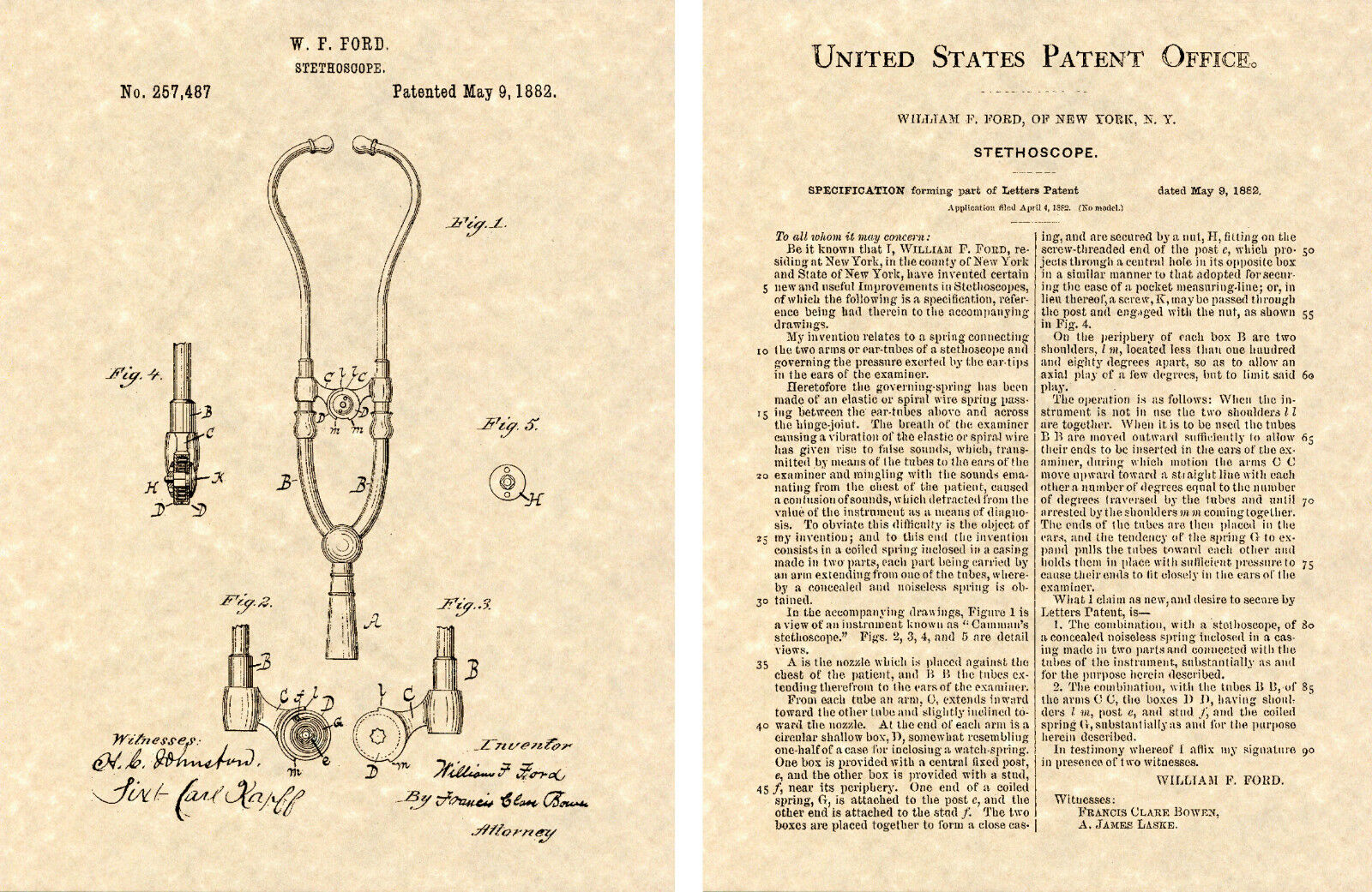 1st US PATENT of STETHOSCOPE Art Print READY TO FRAME 1882 Ford scope