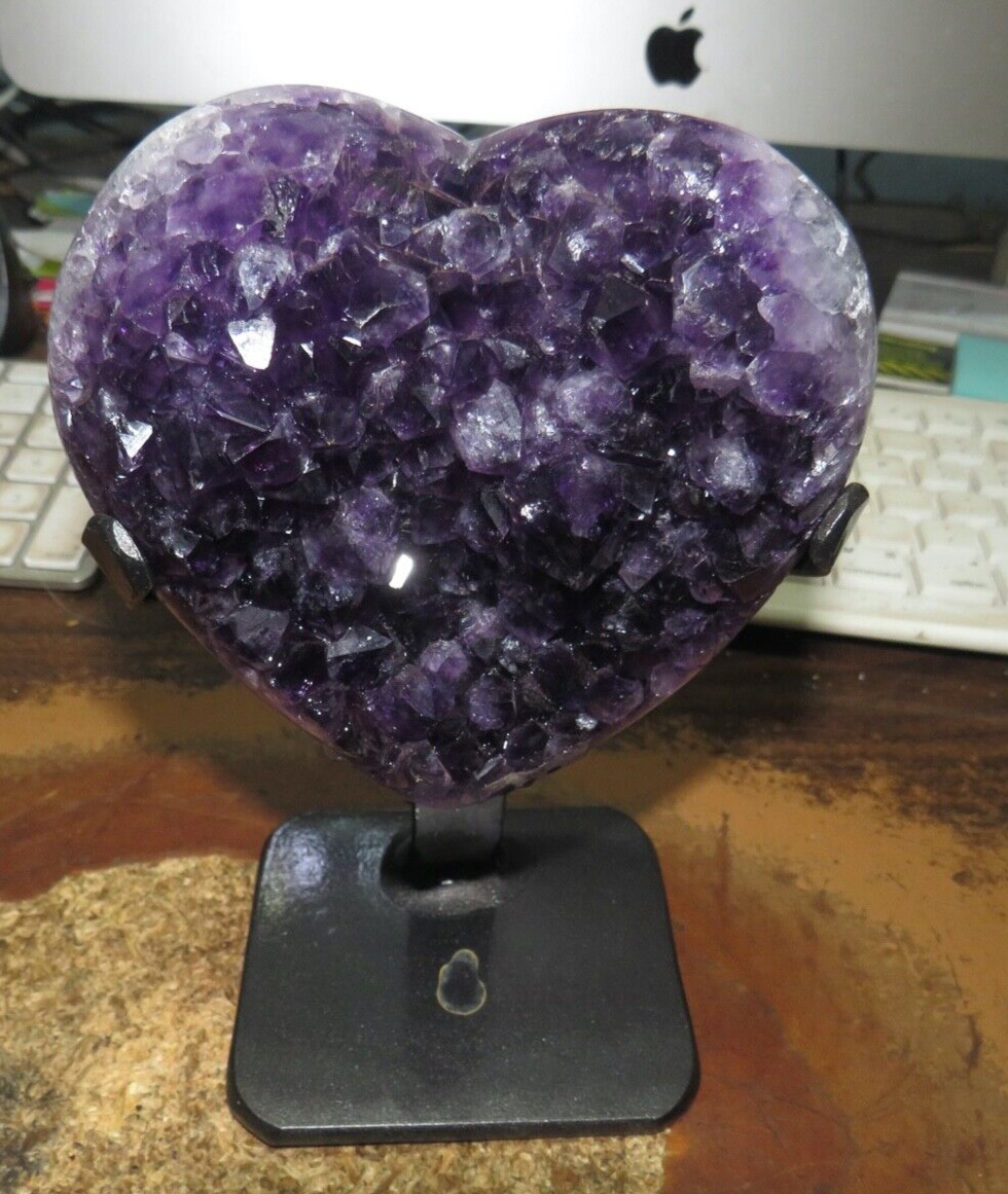 LARGE AMETHYST CRYSTAL CLUSTER HEART GEODE F/ URUGUAY CATHEDRAL STEEL STAND; 14