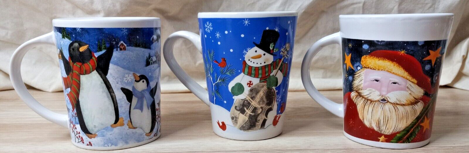 3x Christmas Mugs Snowman Penguin Santa Holidays Festive