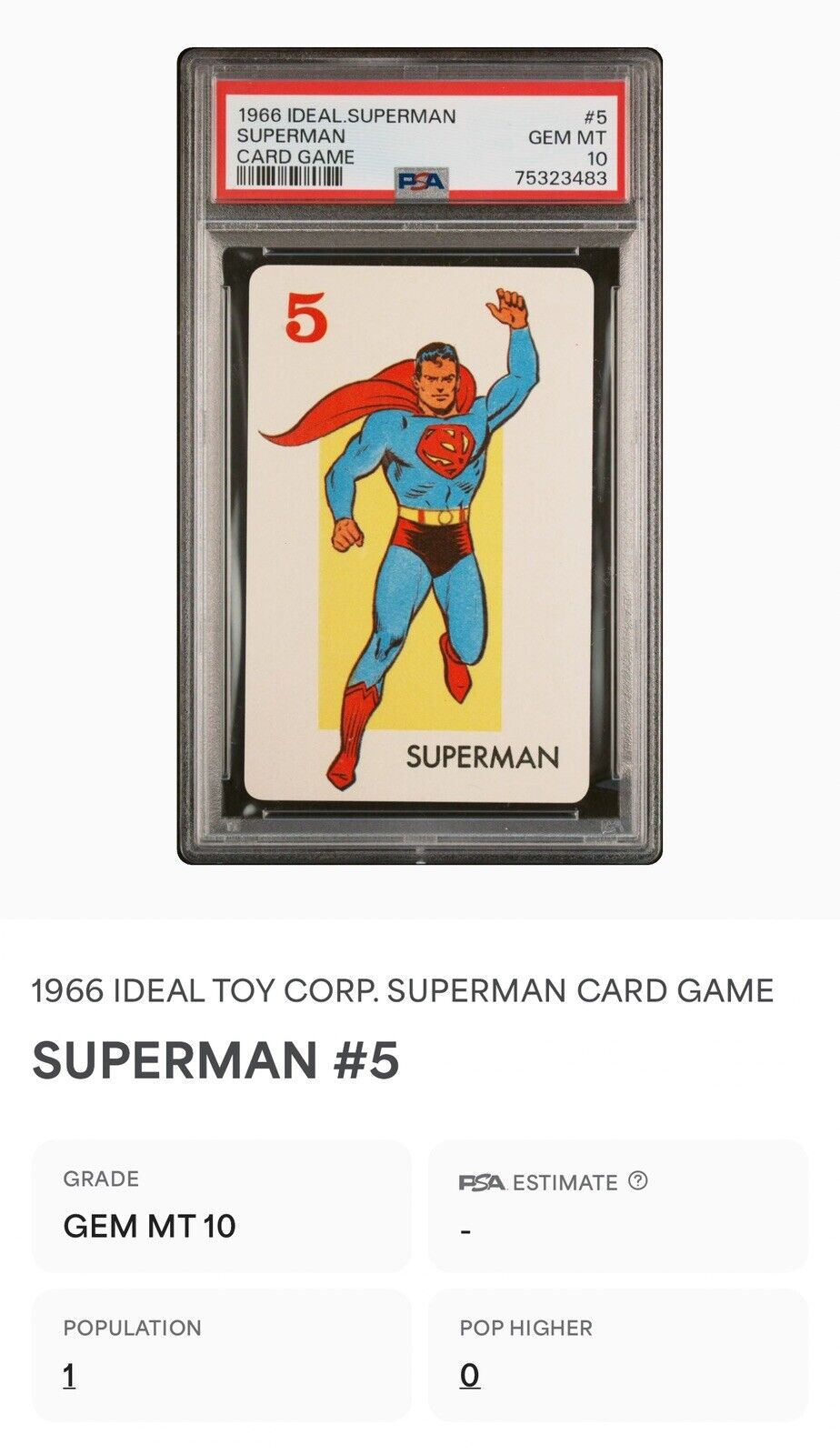 EXTREMELY RARE VINTAGE 1966 IDEAL SUPERMAN CARD GAME ROOKIE PSA 10 GEM — POP 1