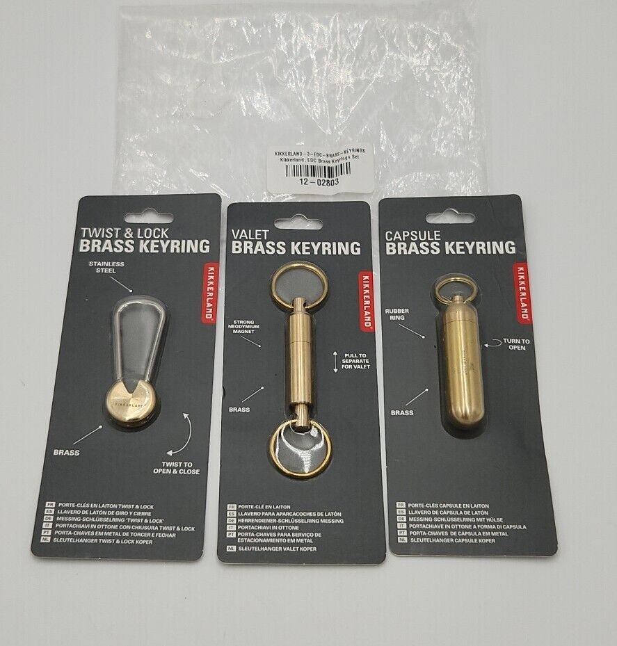 Kikkerland Brass Keyring Set Twist & Lock, Valet, Capsule New