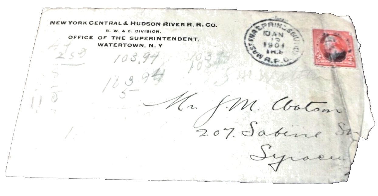 1901 NEW YORK CENTRAL AND HUDSON RIVER RAILROAD NYC RW&O USED COMPANY ENVELOPE 