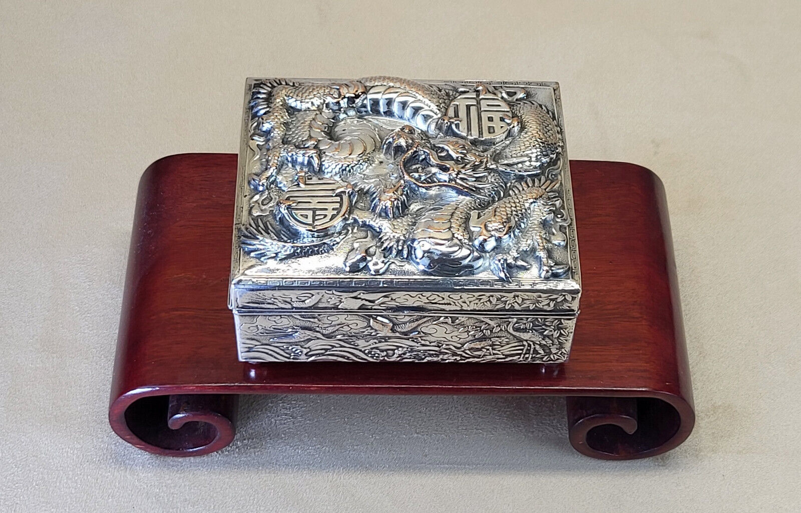 Remarkable Taishō Era Silverplated Box high relief cast dragon repousse & cranes