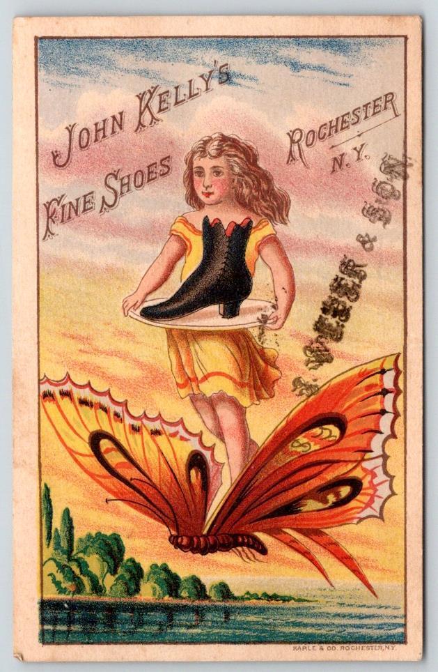 1880's JOHN KELLY'S SHOES ROCHESTER GIRL BUTTERFLY MYTHICAL FANTASY TRADE CARD