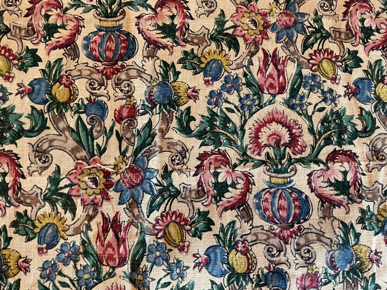 Exceptional Antique French Linen Printed In Rich, Inventive Jacobean Design .