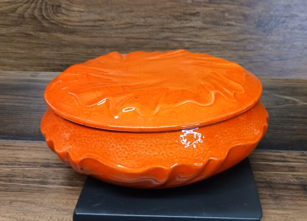 Vintage Orange Cracked Glass Design Ceramic Covered Casserole Candy Dish