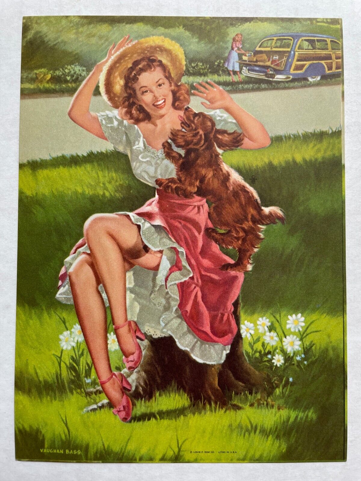 Vintage 1950-60's SMALL Pinup Girl Picture Woman w/ Cocker Spaniel Vaughan Bass