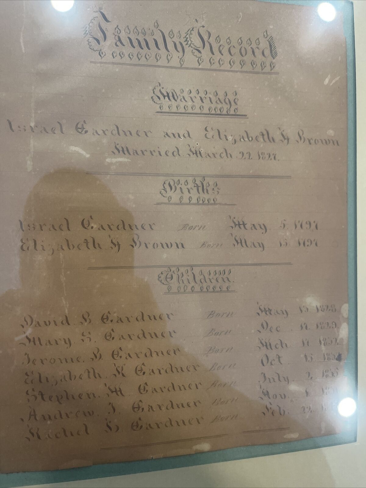 1800’s Old Framed Gardner Family Records Marriage, Births, Children