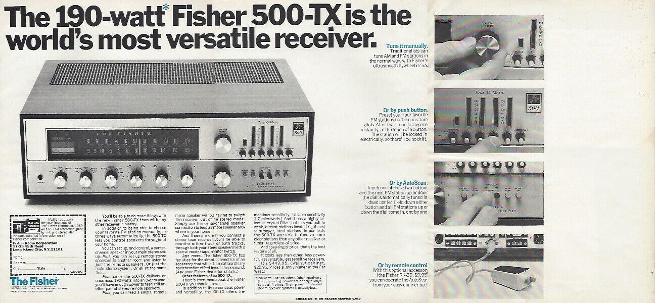 Original Fisher 500-TX Stereo Receiver 1969 Vintage Audio Magazine Print Ad