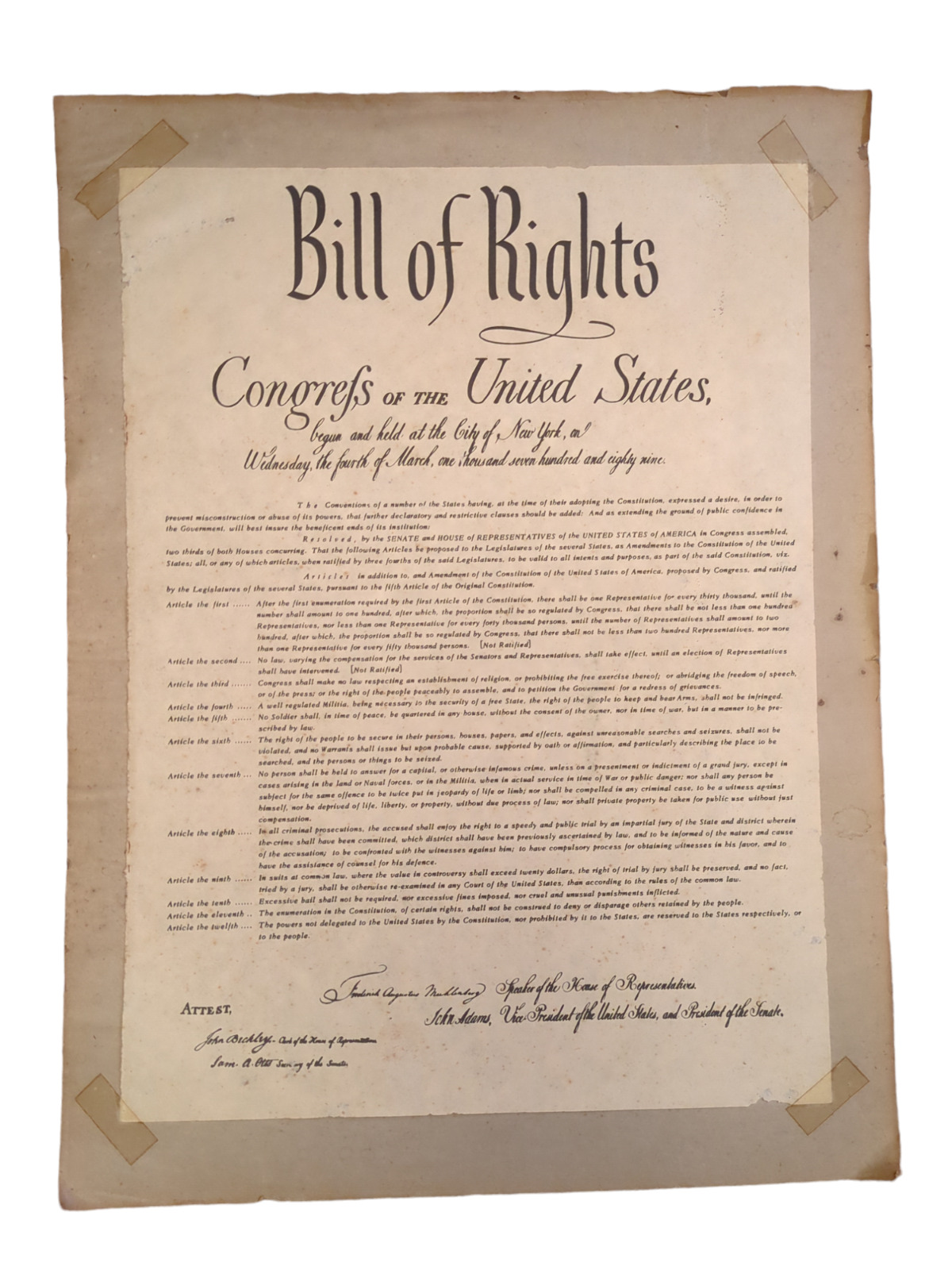 Antique Copy of The United States Bill of Rights Congrefs of the United States