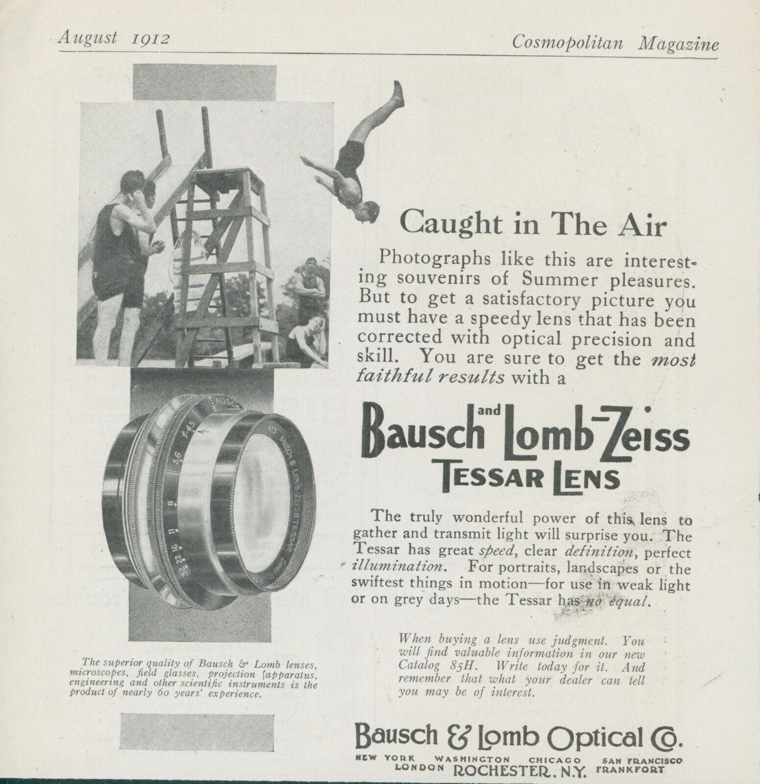 1912 Bausch Lomb Zeiss Tessar Lens Diver Flip Diving Platform Vtg Print Ad CO4