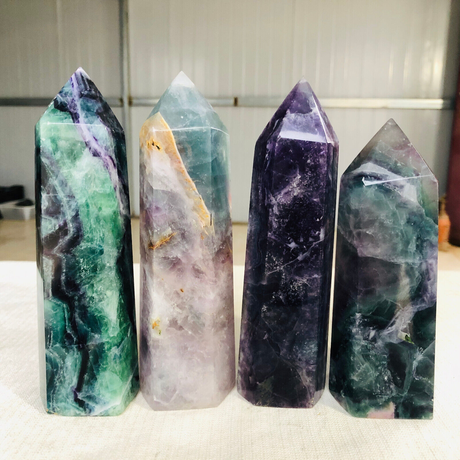 6.3LB 4PCS Natural Colorfully Fluorite Quartz Crystal Obelisk Wand Point Healing