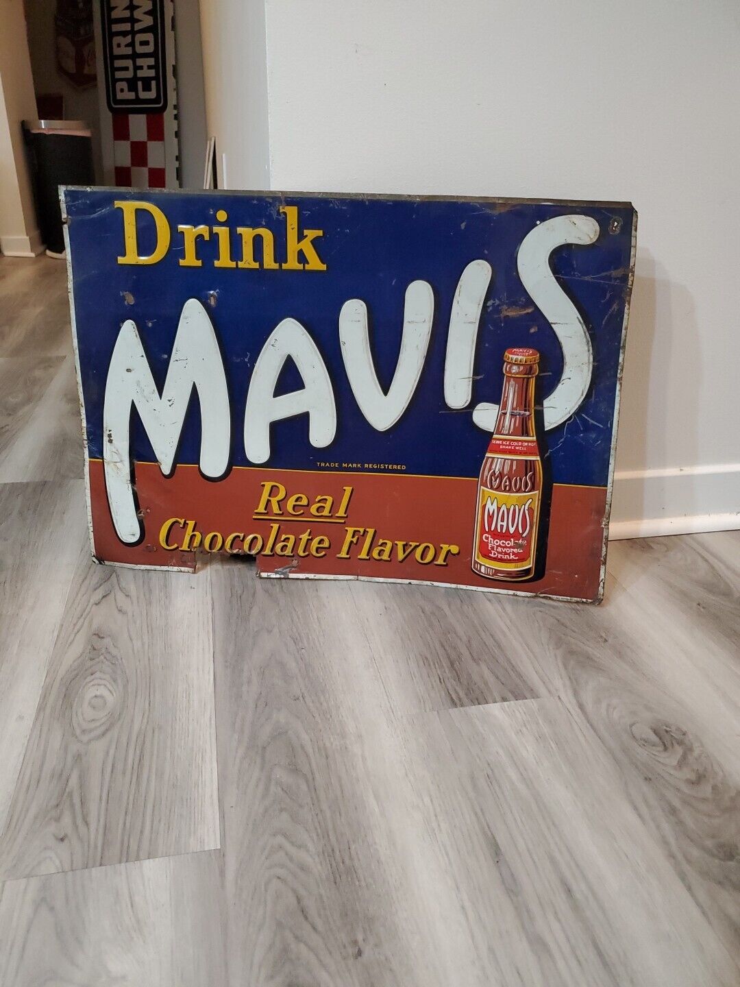 c.1930s Original Vintage Drink Mavis Chocolate Drink Sign Metal Embossed Tin Gas