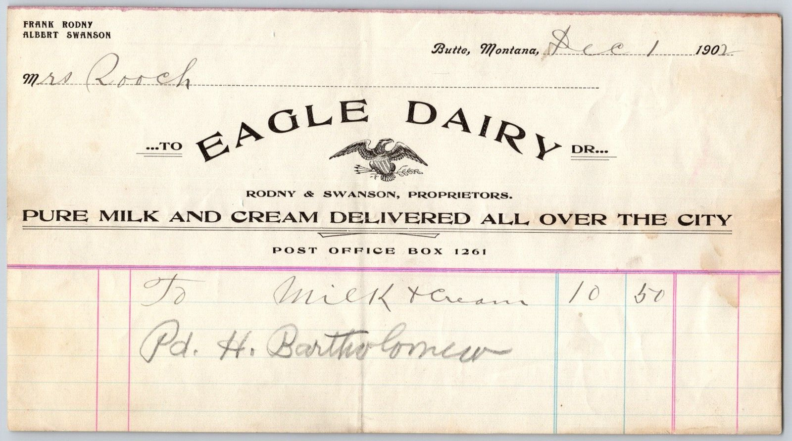 Eagle Dairy Butte, MT Rodny & Swanson Pure Milk Cream1902 Billhead