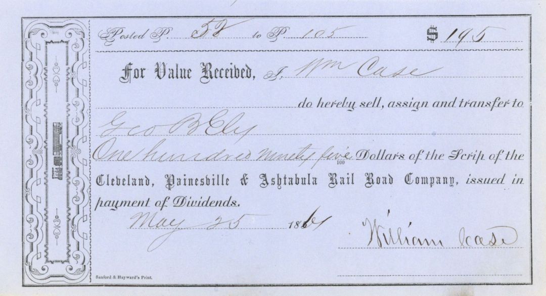 Cleveland, Painesville and Ashtabula Rail Road Co. Issued to and Signed by Willi