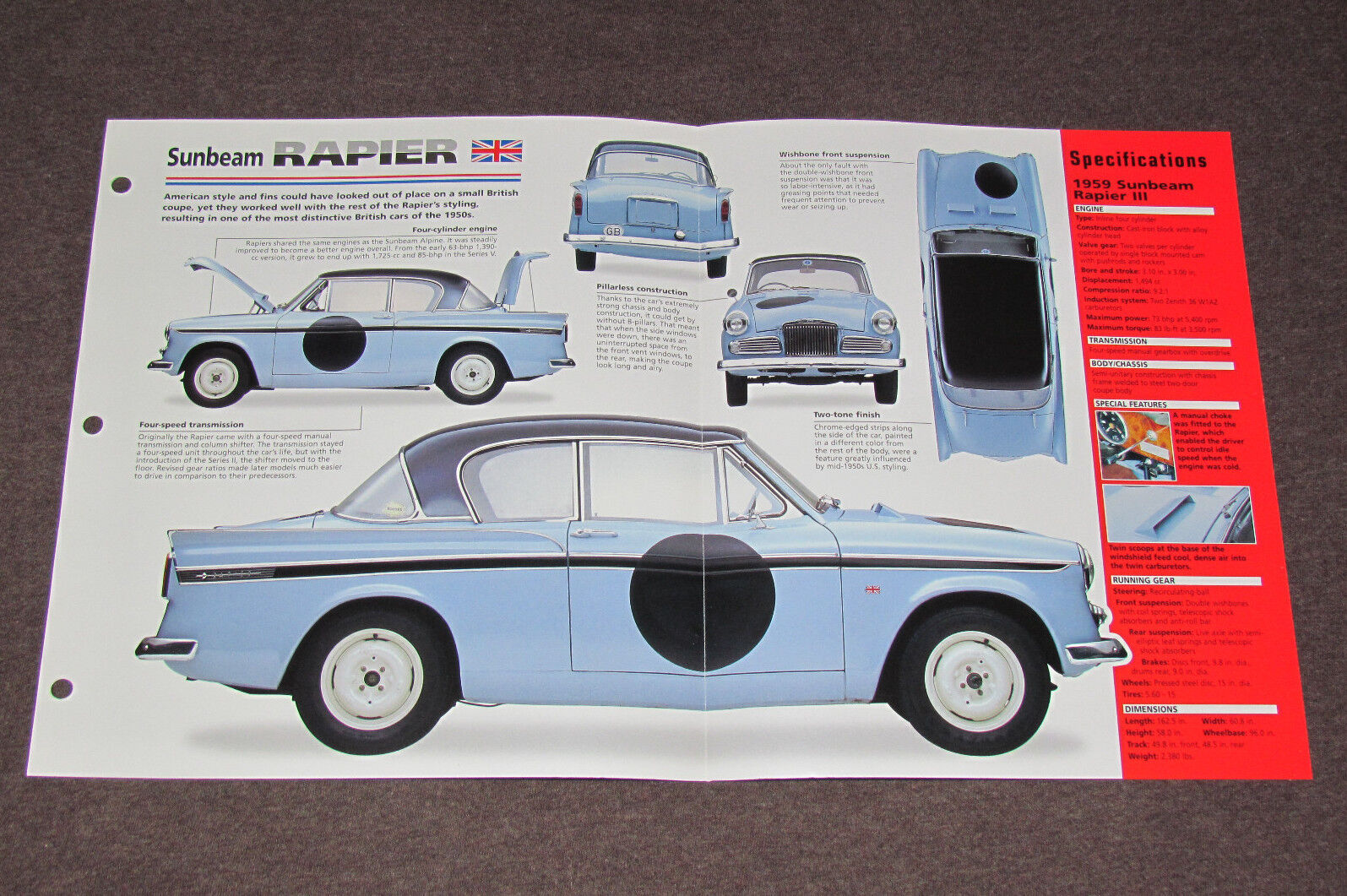 1955-1967 SUNBEAM RAPIER (1959) Car SPEC SHEET BROCHURE PHOTO BOOKLET