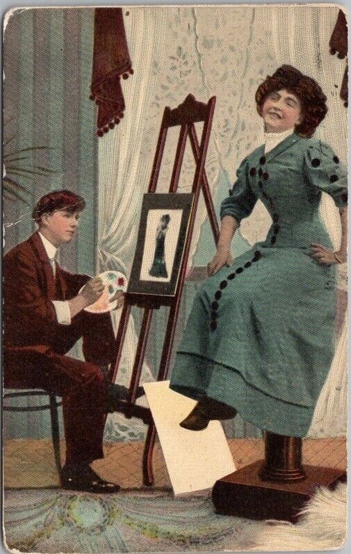 Vintage Romance Greetings Postcard Woman Posing for Painting / 1908 Cancel