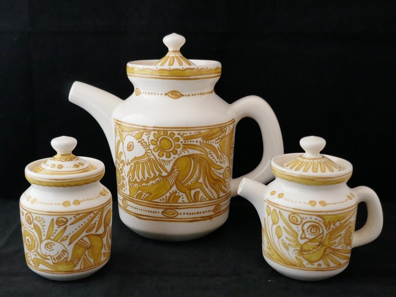 Vintage Felix Tissot Taxco Ceramic Yellow COFFEE POT SUGAR BOWL & CREAMER