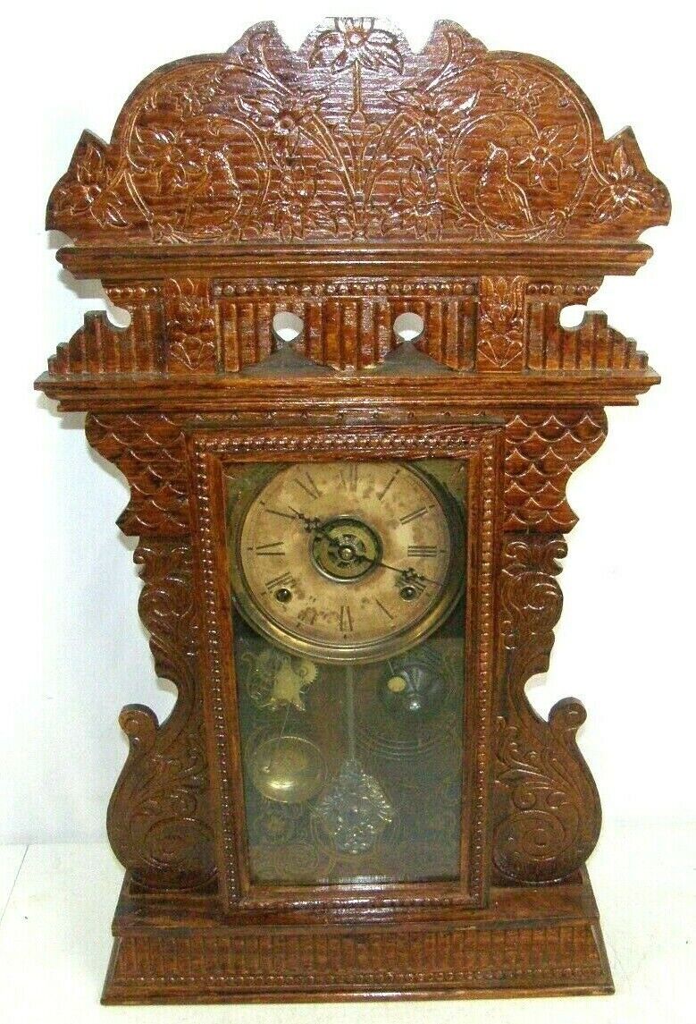  Antique W L Gilbert Clock Co. Gingerbread Mantel Clock w/ Alarm Songbirds 