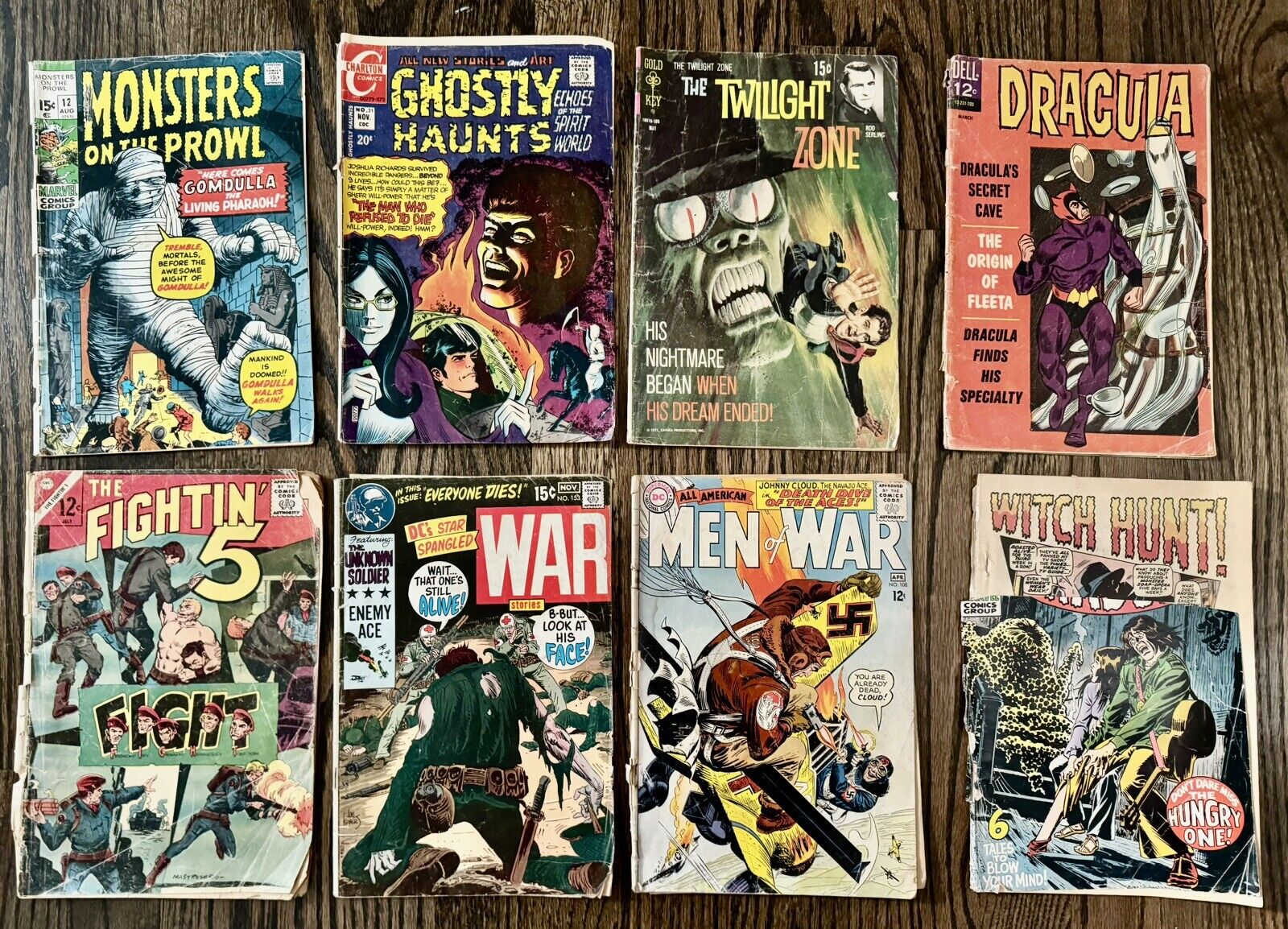 Lot of 8 Low Grade Reader Comics Dracula Ghostly Haunts Twilight Zone Men Of War