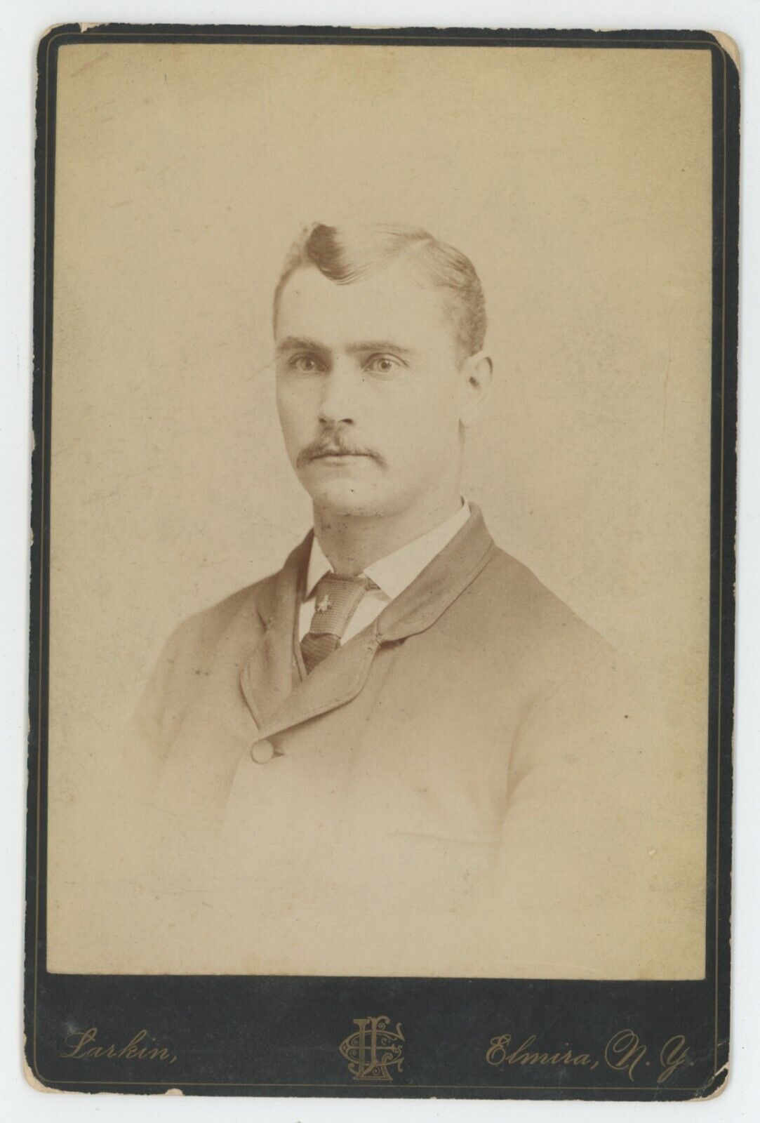 Antique Circa 1880s Cabinet Card Handsome Man With Mustache Larkin Elmira, NY